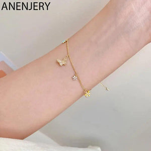 Silver Butterfly Flower Pendant Chain Bracelet For Women