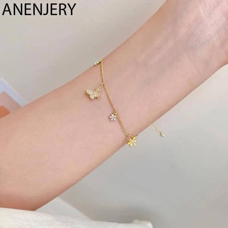 Silver Butterfly Flower Pendant Chain Bracelet For Women