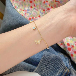 Silver Butterfly Flower Pendant Chain Bracelet For Women