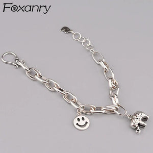 Foxanry Silver Thick Chain Bracelets Vintage Elephant Couples Accessories