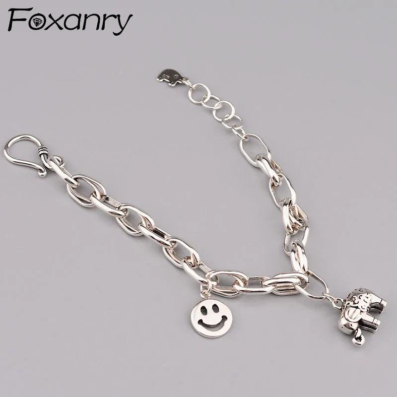 Foxanry Silver Thick Chain Bracelets Vintage Elephant Couples Accessories