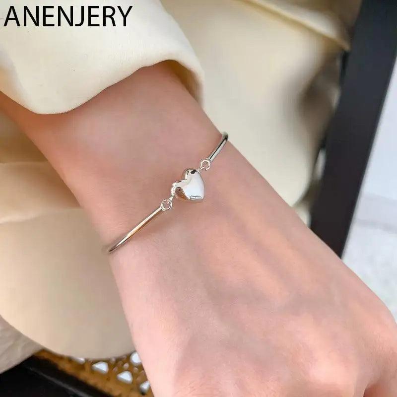 Silver Love Heart Tube Bracelet for Women Retro Jewelry
