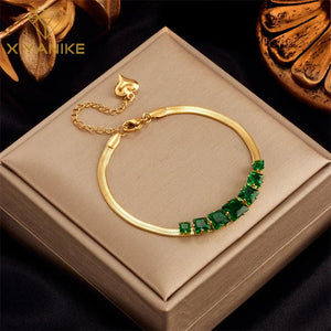 316L Stainless Steel Women's Bracelet with Green Crystal Decoration