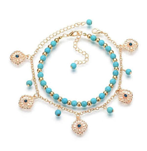 Boho Stone Anklet Set - Flower Plate Tassel Vintage Anklet - 2PC