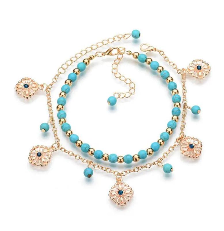 Boho Stone Anklet Set - Flower Plate Tassel Vintage Anklet - 2PC
