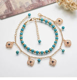 Boho Stone Anklet Set - Flower Plate Tassel Vintage Anklet - 2PC
