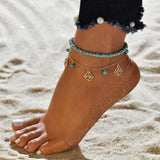 Boho Stone Anklet Set - Flower Plate Tassel Vintage Anklet - 2PC