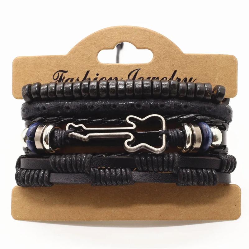 Wood Beads Alloy Guitar Charm Leather Bracelets Men Women Jewelry