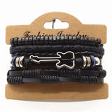 Wood Beads Alloy Guitar Charm Leather Bracelets Men Women Jewelry