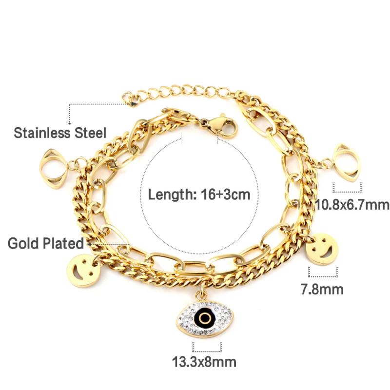 Crystal Evil Eye Smiling Face Pendant Bracelet Double Layer Chain