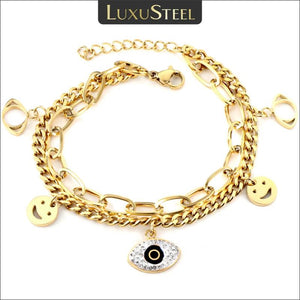 Crystal Evil Eye Smiling Face Pendant Bracelet Double Layer Chain
