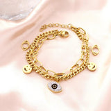 Crystal Evil Eye Smiling Face Pendant Bracelet Double Layer Chain