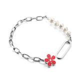Red Flower Pearl Chain Bracelet Bangle Stainless Steel Women Jewelry