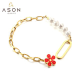 Red Flower Pearl Chain Bracelet Bangle Stainless Steel Women Jewelry