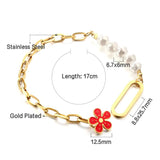 Red Flower Pearl Chain Bracelet Bangle Stainless Steel Women Jewelry
