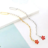 Red Flower Pearl Chain Bracelet Bangle Stainless Steel Women Jewelry