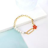 Red Flower Pearl Chain Bracelet Bangle Stainless Steel Women Jewelry