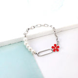 Red Flower Pearl Chain Bracelet Bangle Stainless Steel Women Jewelry