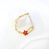 Red Flower Pearl Chain Bracelet Bangle Stainless Steel Women Jewelry