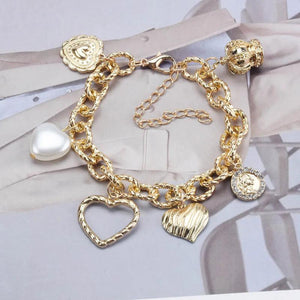 Golden Metal Chains Link Bracelets with Heart Shape Pendants Women