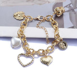 Golden Metal Chains Link Bracelets with Heart Shape Pendants Women