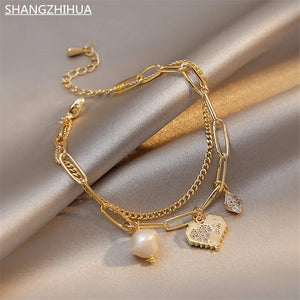 Baroque Pearl Heart Pendant Double Bracelet for Halloween Party