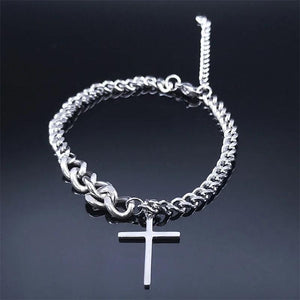 Stainless Steel Men's Cross Bracelet Silver Cuban Chain Christian Jewelry