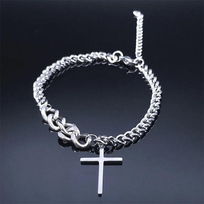 Stainless Steel Men's Cross Bracelet Silver Cuban Chain Christian Jewelry