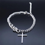 Stainless Steel Men's Cross Bracelet Silver Cuban Chain Christian Jewelry