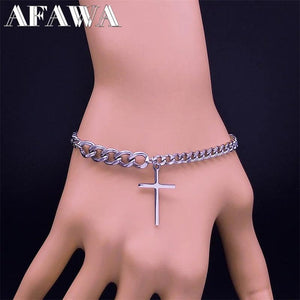 Stainless Steel Men's Cross Bracelet Silver Cuban Chain Christian Jewelry