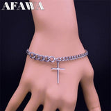 Stainless Steel Men's Cross Bracelet Silver Cuban Chain Christian Jewelry