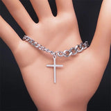 Stainless Steel Men's Cross Bracelet Silver Cuban Chain Christian Jewelry