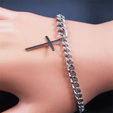 Stainless Steel Men's Cross Bracelet Silver Cuban Chain Christian Jewelry