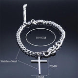 Stainless Steel Men's Cross Bracelet Silver Cuban Chain Christian Jewelry