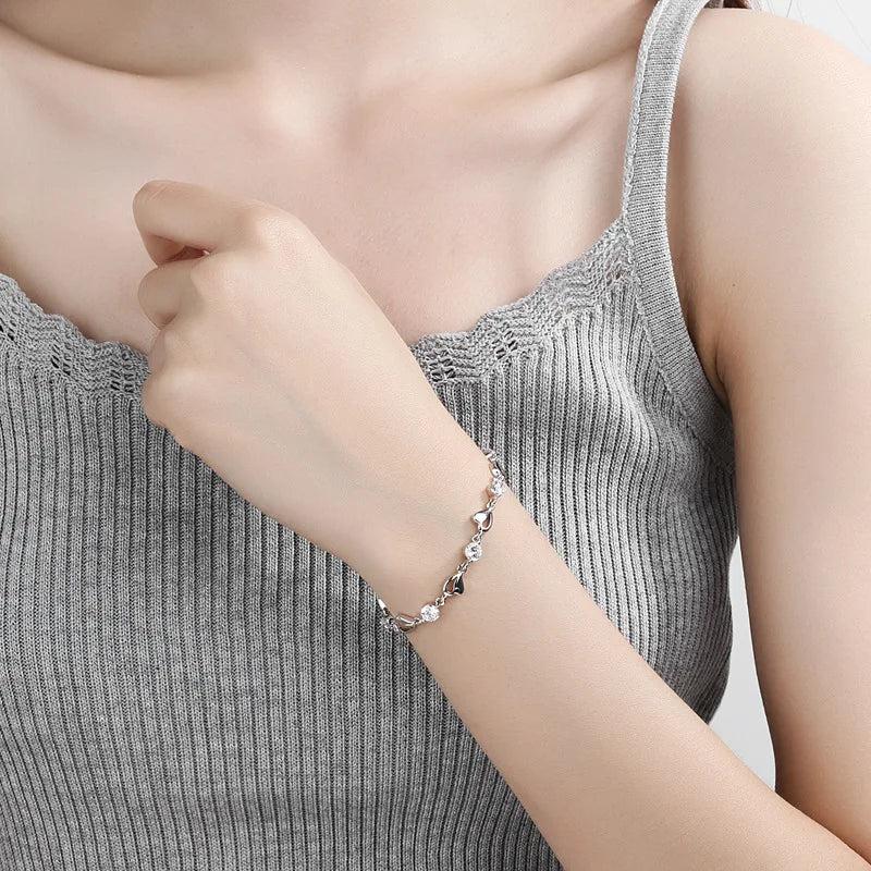 Romantic Purple Pink Zircon Bracelet Heart Shape Asymmetric Hollow Heart