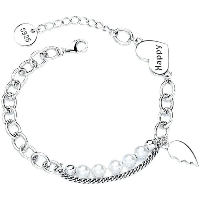 Heart-Shape Pendant Bracelet Pearl Chain Retro Jewelry