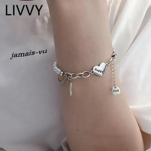 Heart-Shape Pendant Bracelet Pearl Chain Retro Jewelry