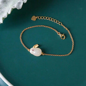 Chinese Style Jade Rabbit Bracelet Silver Plated Small Animal Jewelry