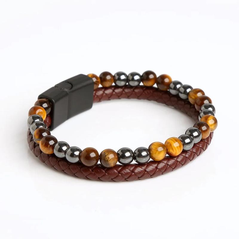 Vintage Natural Stone Leather Bracelet Men Stainless Steel