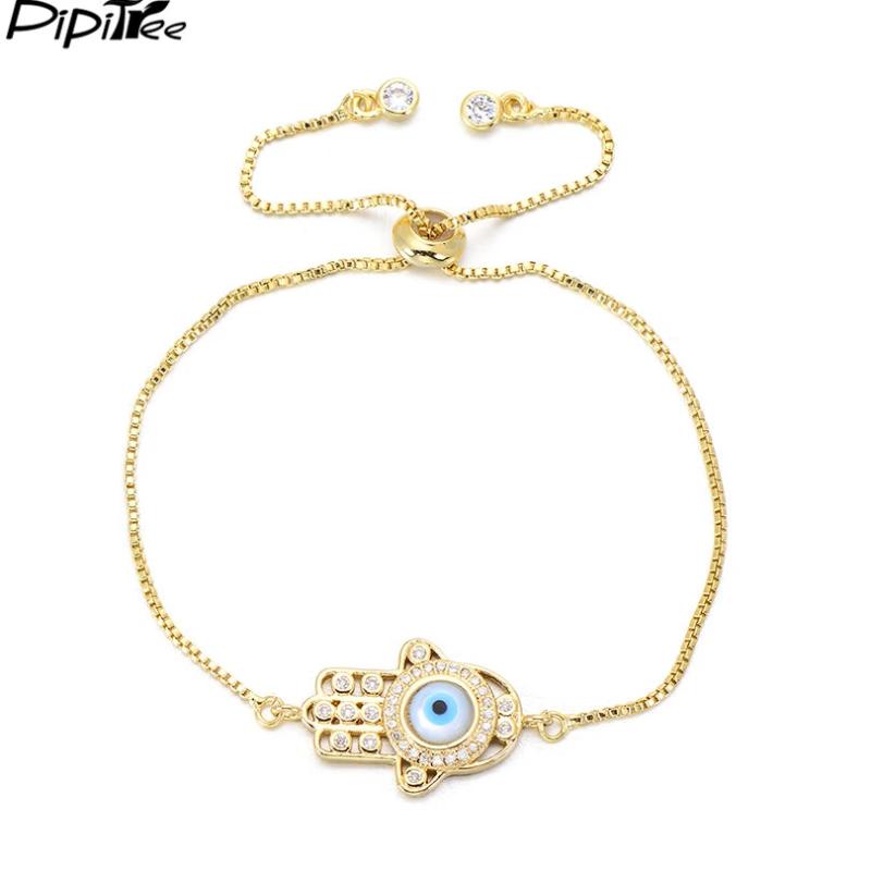 Hollow CZ Hand Bracelet with Shell Evil Eye Adjustable Chain