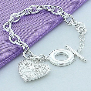 925 Stamp Silver Heart Love Bracelet Charm Chain 8inch