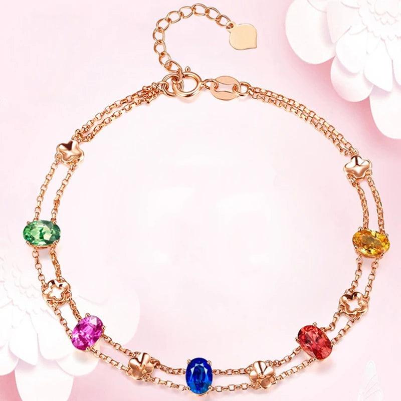 Colorful Zircon Clover Bracelet Double Layer Rose Jewelry