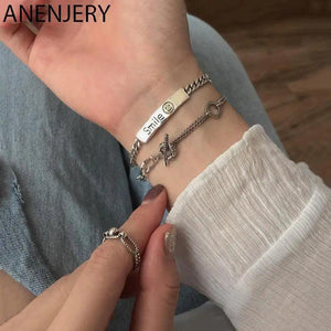 Thai Silver Smiling Face Bracelet Lock Chain Square Jewelry S-B347