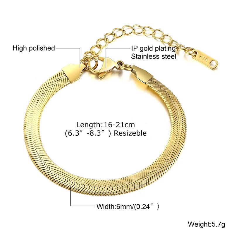 6mm 4mm Herringbone Chain Bracelet for Women, Flat Snake Chain Bracelet
