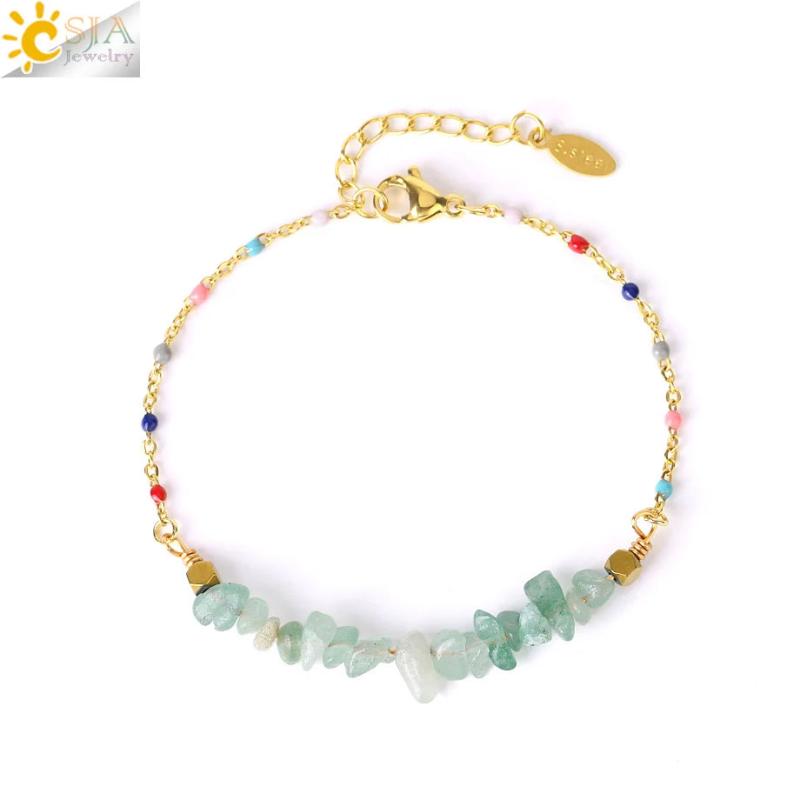 CSJA Natural Stone Chip Beads Crystal Bracelet Stainless Steel Jewelry Healing
