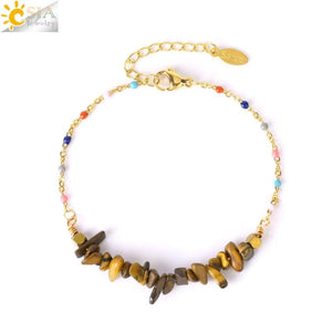 CSJA Natural Stone Chip Beads Crystal Bracelet Stainless Steel Jewelry Healing