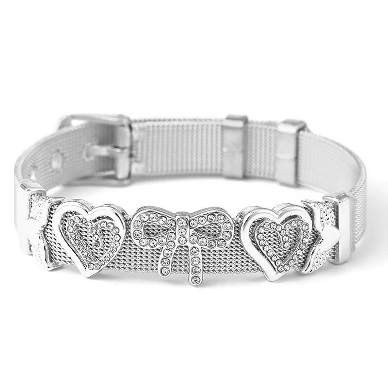 Stainless Steel Mesh Bracelet Love Bowknot Beads Keeper Bangle Jewelry