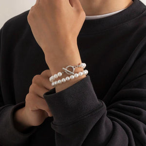 Retro Pearl Double Bracelets Set Alloy Chain Jewelry Accessories