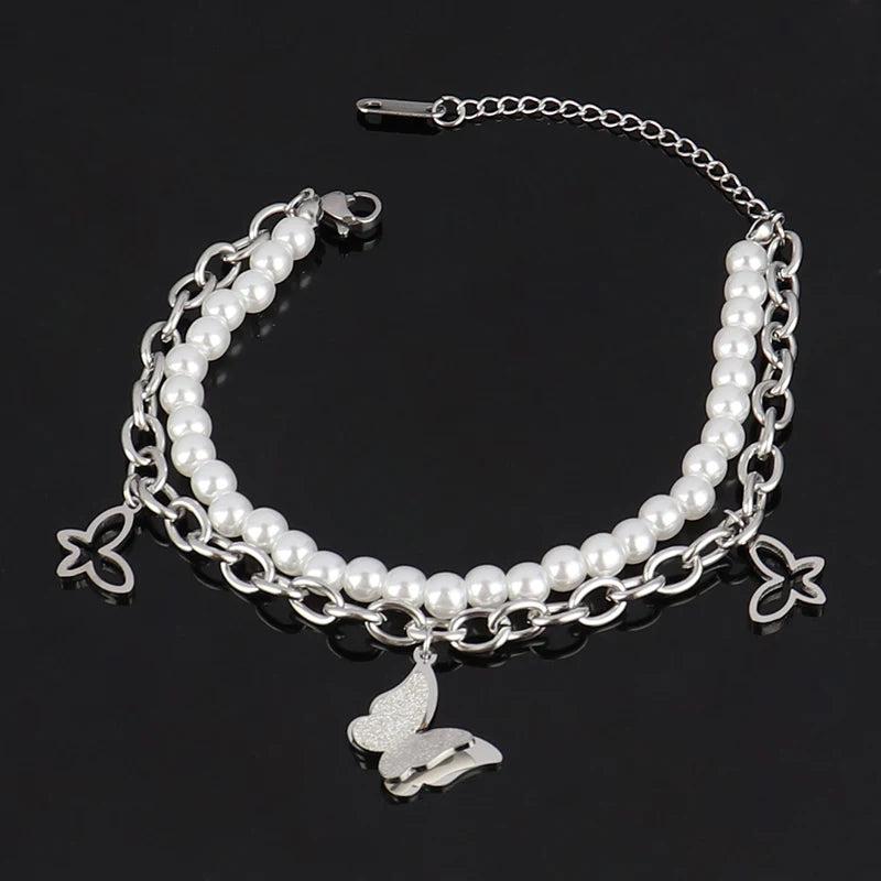 Stainless Steel Women's Pearl Bracelet Double-layer Jewelry