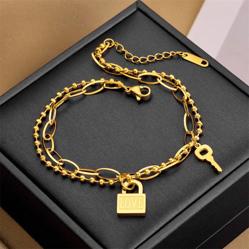 Titanium Steel Couple Heart Lock Bracelet Double Layer Bangels